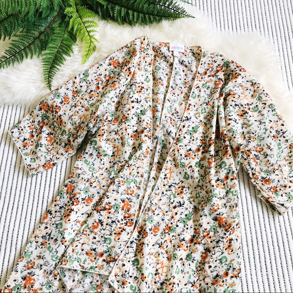 LuLaRoe Bianca Kimono Orange Green Flowers Floral